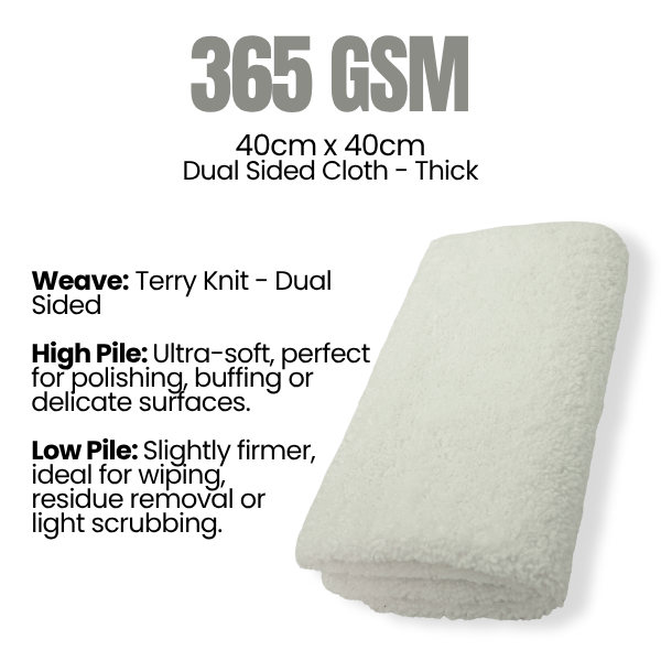 White microfibre cloth with text detailing specifications on a white background