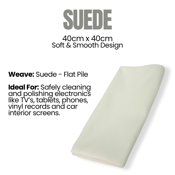 White Suede cloth with text on a white background