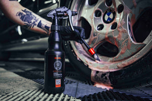 Detailer Using Brush to Agitate ADBL Wheel Warrior Gel on Car Rim - Deep Cleaning Acidic Wheel Gel Application