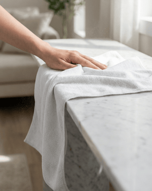 A person using a white microfibre cloth to dust a marble bench top