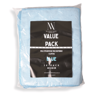 A blue pack of microfibre cloths in a value pack on a white background