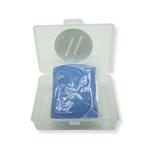 Clear plastic container with fine grade clay bar inside on a white background