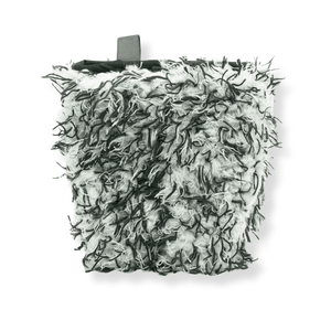 A black and white microfibre car wash wheel mitt on a white background