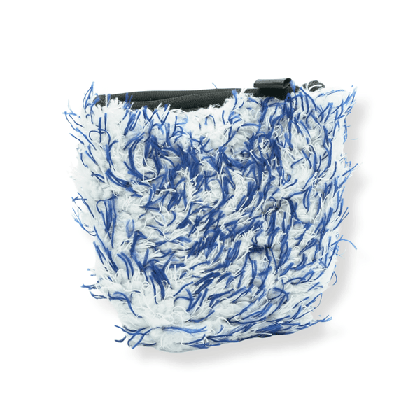 A blue and white microfibre car wash wheel mitt on a white background