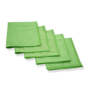 A stack of 5 green glass cloths on a white background