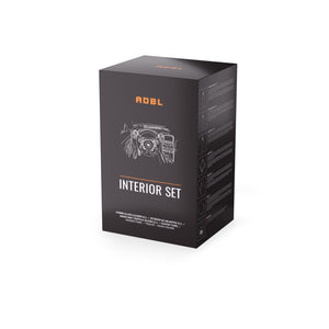 ADBL Interior Set box, black and orange packaging for car interior cleaning products with Hybrid Glass Cleaner, Interior QD, and microfibre
