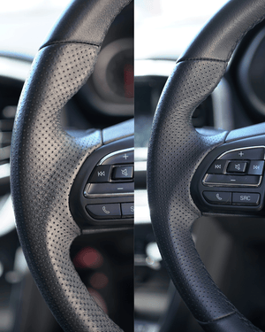 A before and after photo a dirty and clean steering wheel 