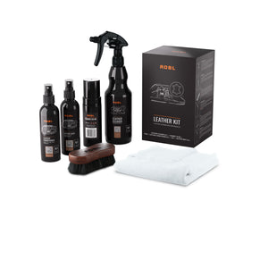 ADBL Leather Kit contents with Leather Cleaner, Foamer, Leather Conditioner, Mist, brush, and microfibre towel