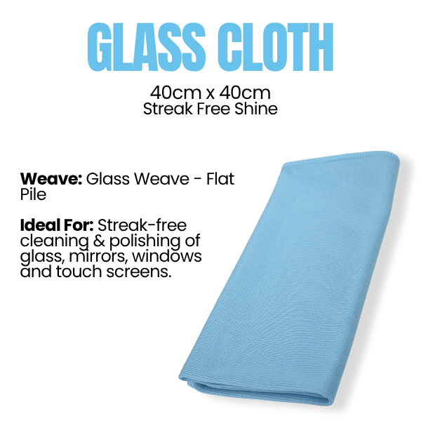Blue glass cleaning cloth with text on a white background