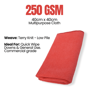 Red microfibre cloth with text detailing specifications on a white background