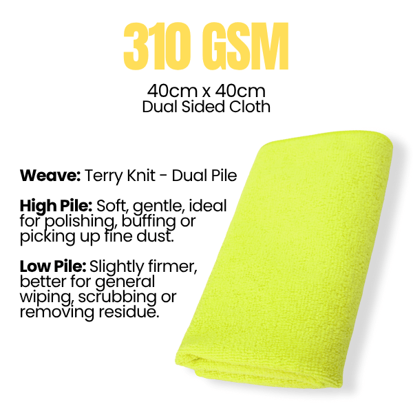 Yellow microfibre cloth with text detailing specifications on a white background