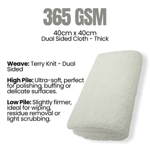 White microfibre cloth with text detailing specifications on a white background