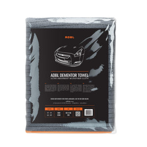 ADBL Dementor Towel Ultra Absorbent Microfibre Cloth retail packaging, showing 900GSM and 60x90cm size