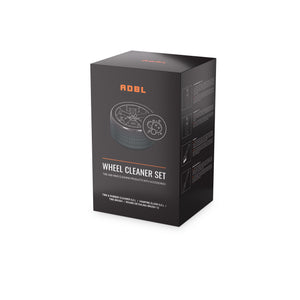 ADBL Wheel Cleaner Set box, black and orange packaging for tire and rim cleaning products with accessories