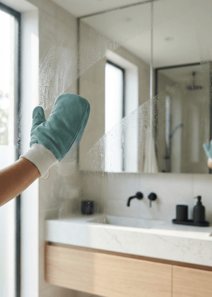 A blue microfibre glass cleaning glove being used in a modern bathroom shower to clean the glass