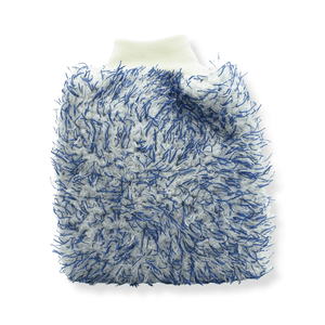 A Blue and white microfibre car wash hand mitt on a white background